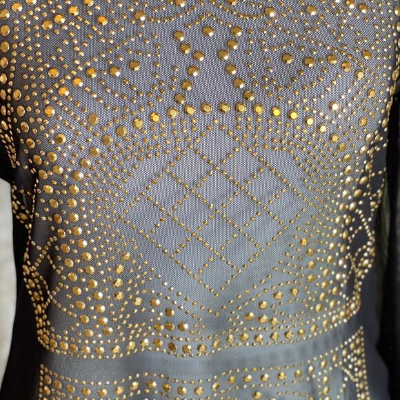 NWT Haute Project Black Mesh Sheer Gold Rhinestone Bodysuit GlamRock Size L - Picture 4 of 8
